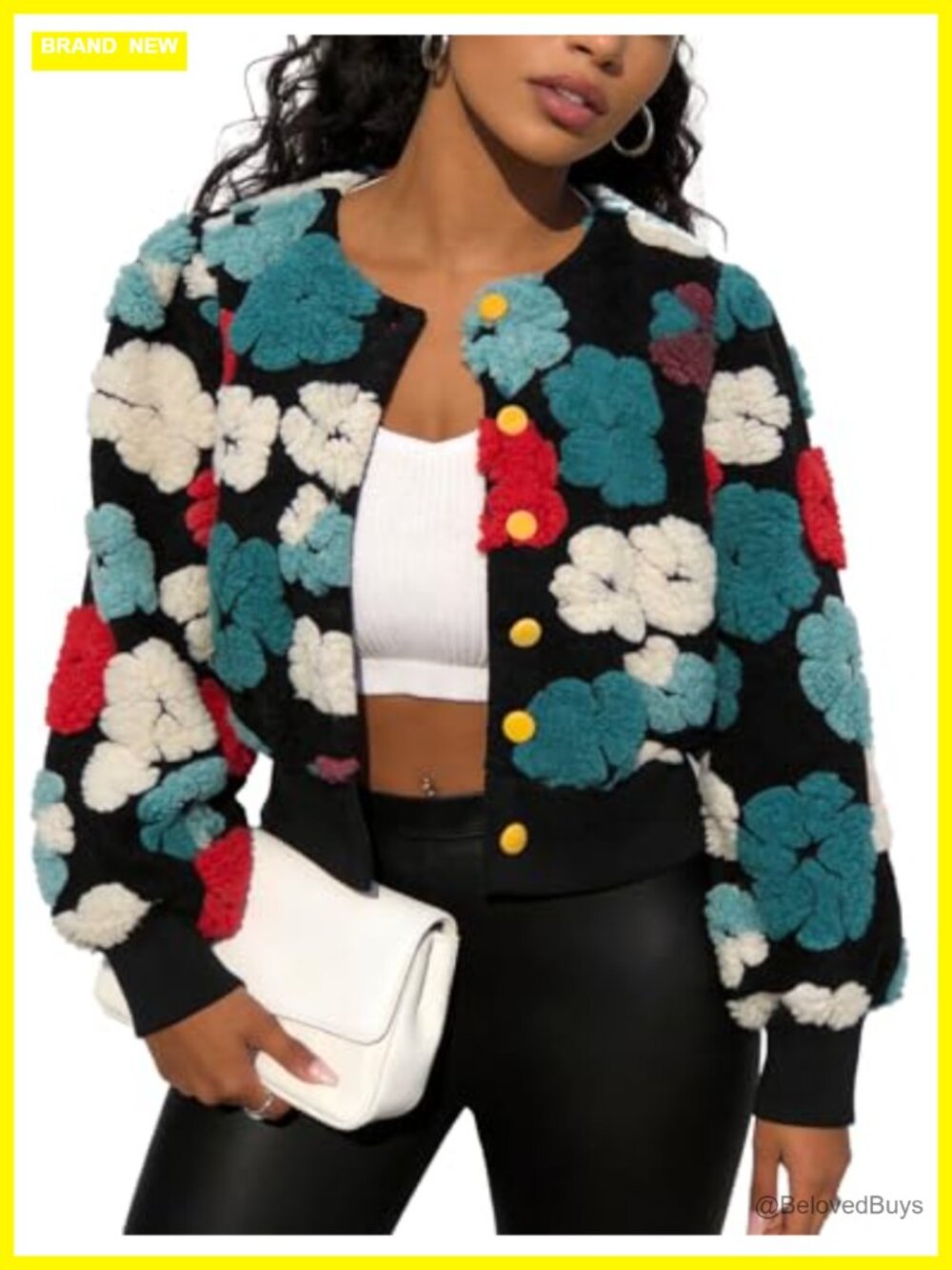 Womens Cropped Fleece Floral Bomber Jacket Button Down Casual Coat